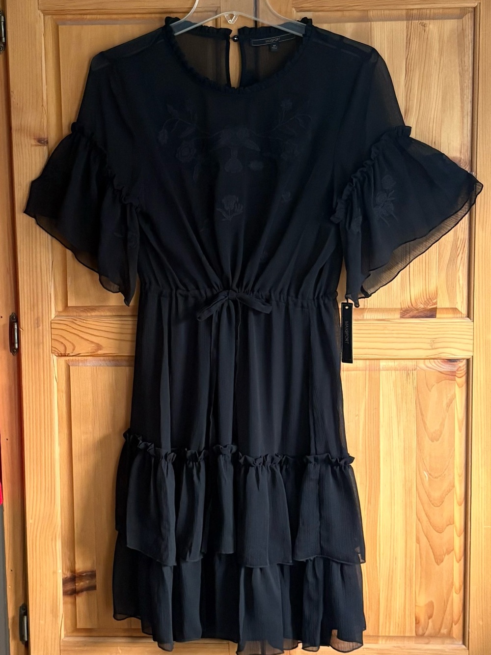 Black Chiffon Ruffle Midi Dress with Tie Waist